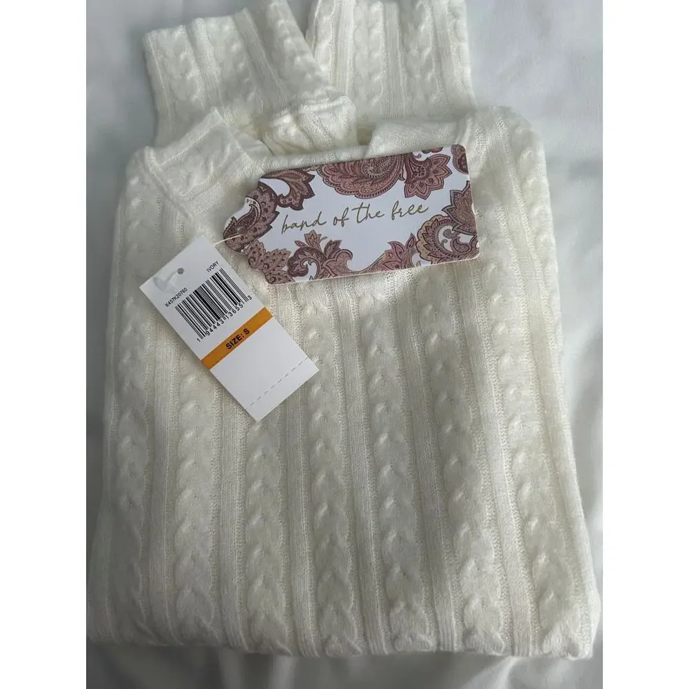 NWT B.O G. Cropped Crew Neck Balloon Sleeves Cable Stitch Ivory Sweater-Small - Picture 4 of 10